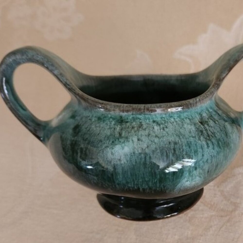 Evangeline Canada Blue/Green Drip Glaze Redware Pottery   Mid -century